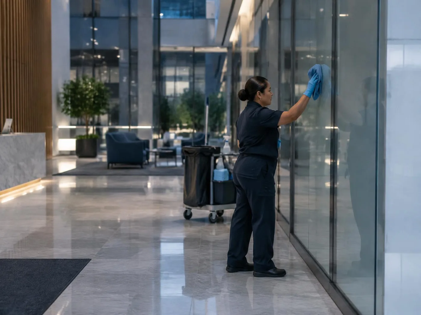 Commercial cleaning professional caring for glass surfaces in a modern office lobby