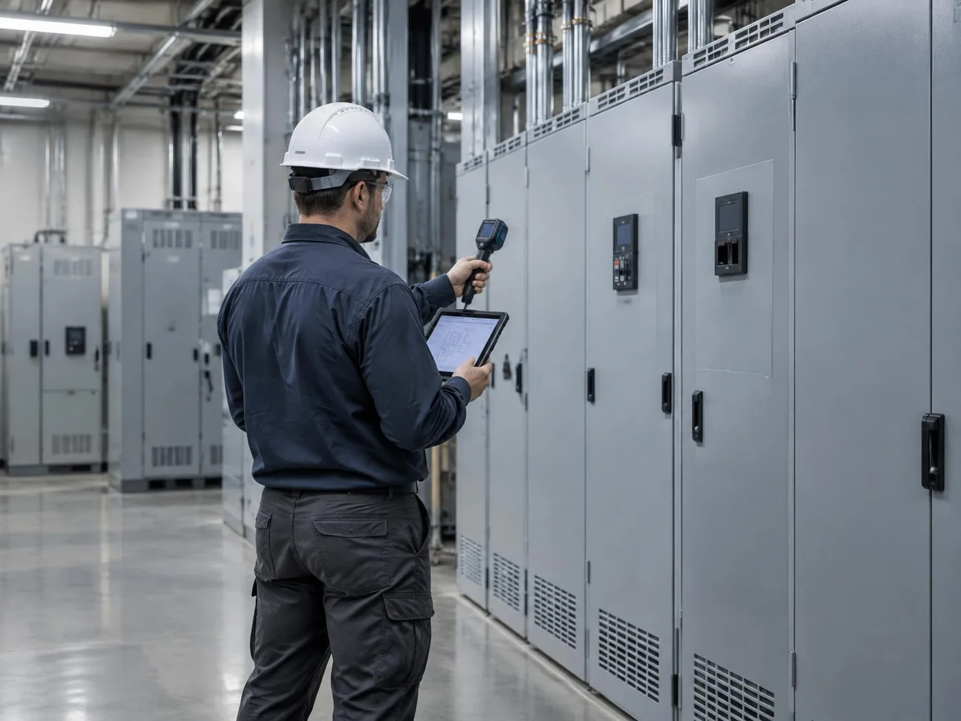 Professional inspecting electrical distribution panels in a commercial facility