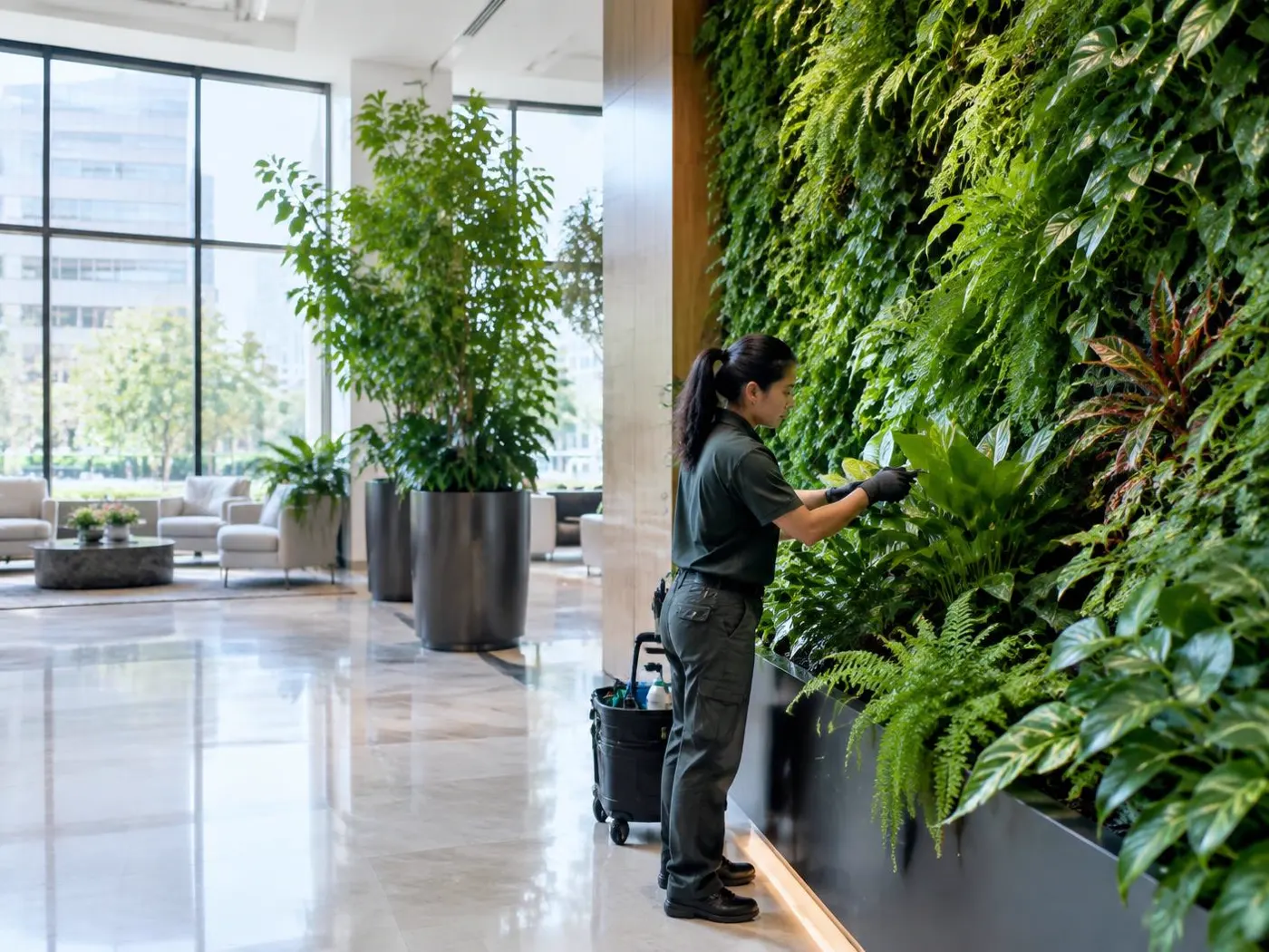 Plant care professional maintaining a living wall in a corporate office lobby
