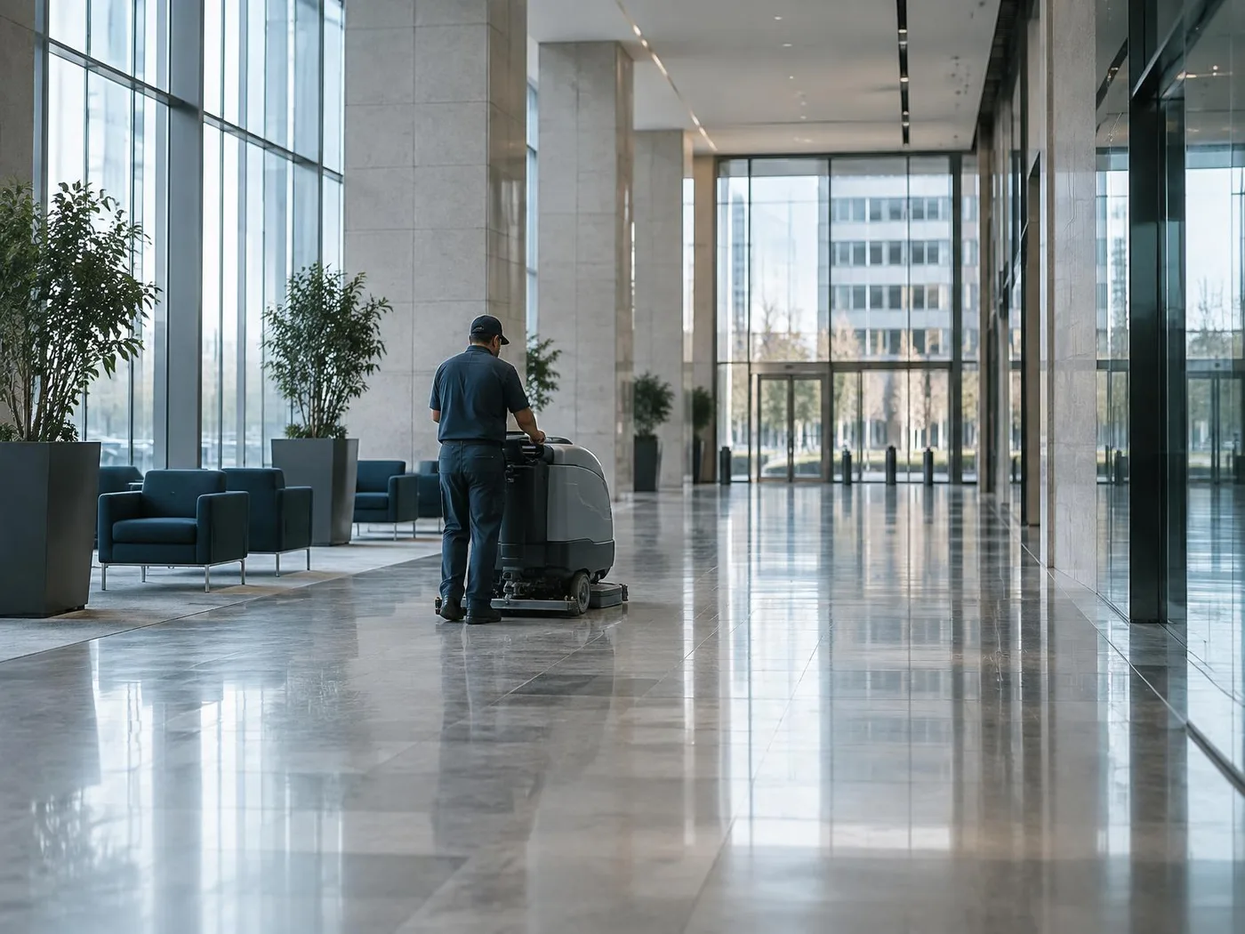 Janitorial professional maintaining the floor of a high-traffic commercial corridor