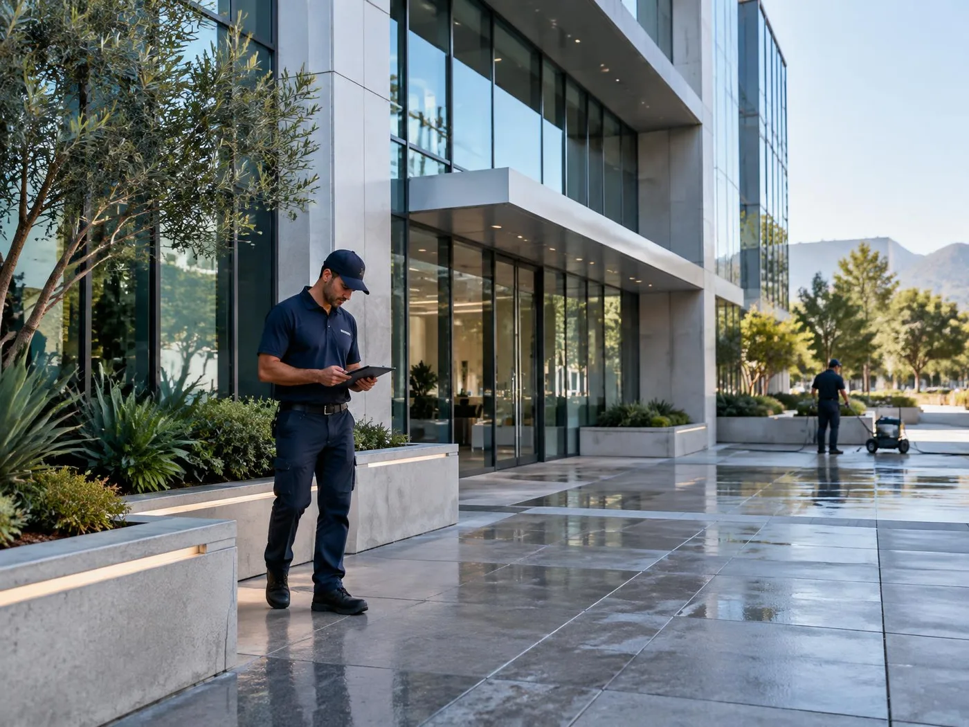 Property maintenance professional inspecting the exterior of a commercial office building