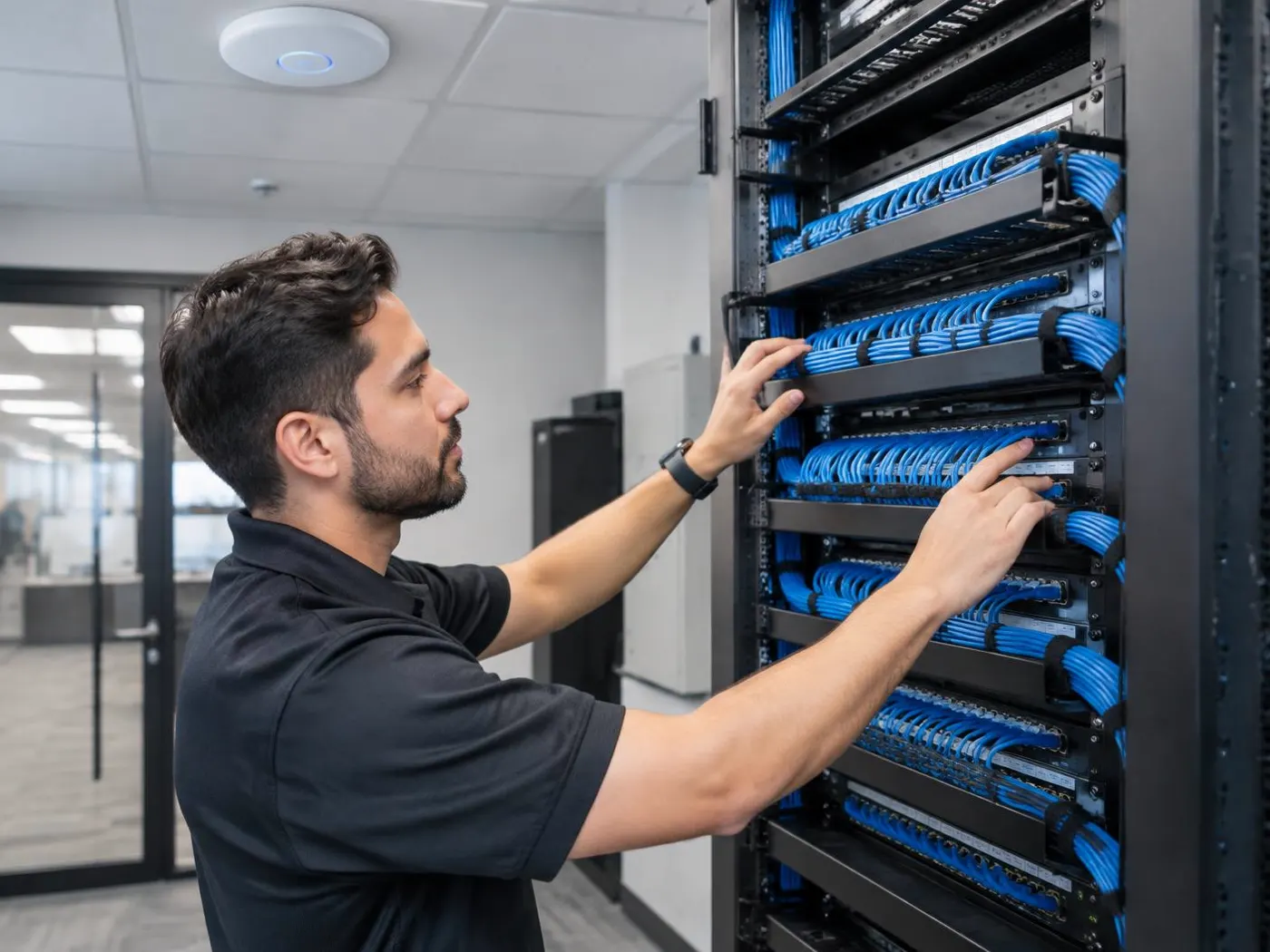 Technician organizing structured network cabling in a commercial telecom rack