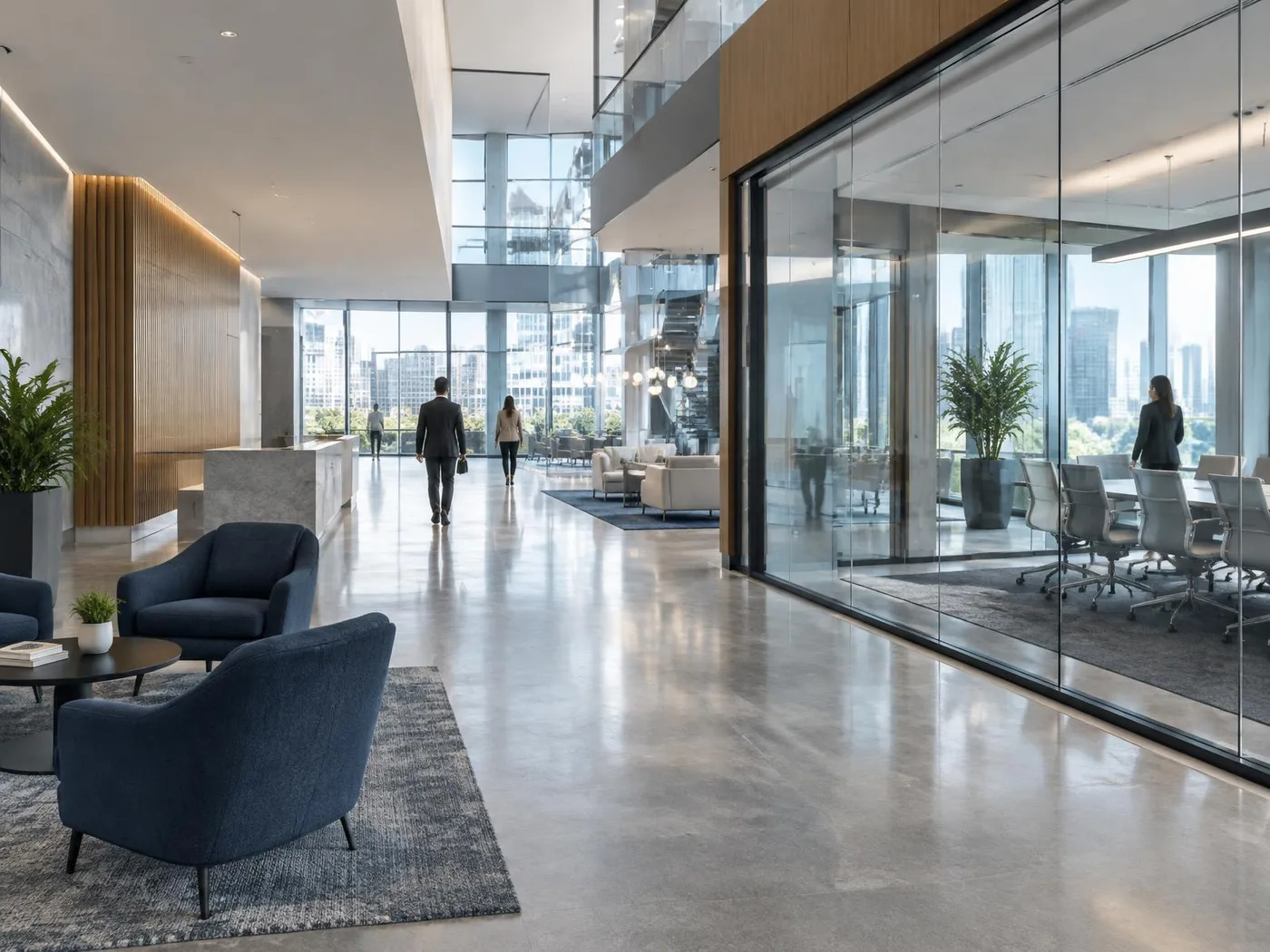 Contemporary corporate office with glass conference rooms and shared spaces