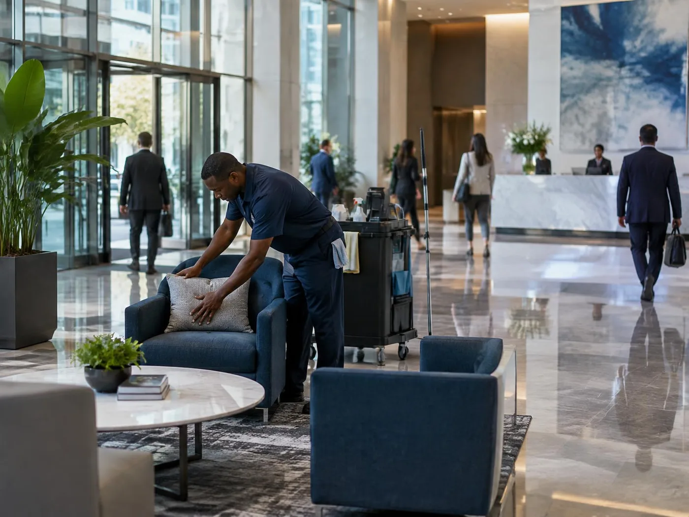 Day porter maintaining a seating area while a commercial lobby remains in operation