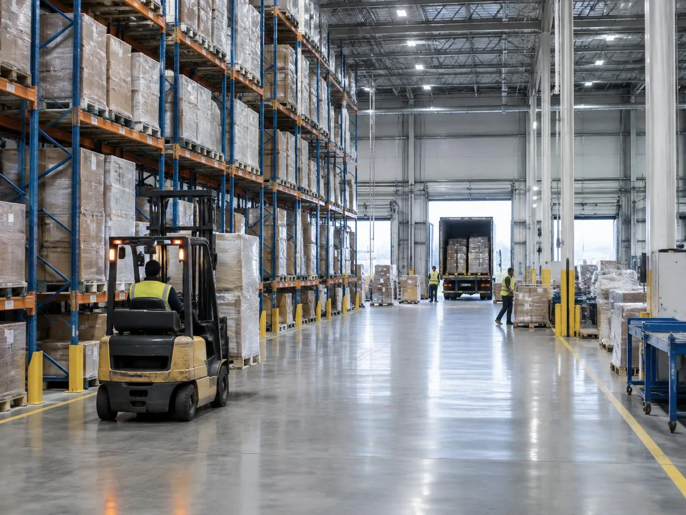 Large distribution center with orderly pallet racking and loading operations