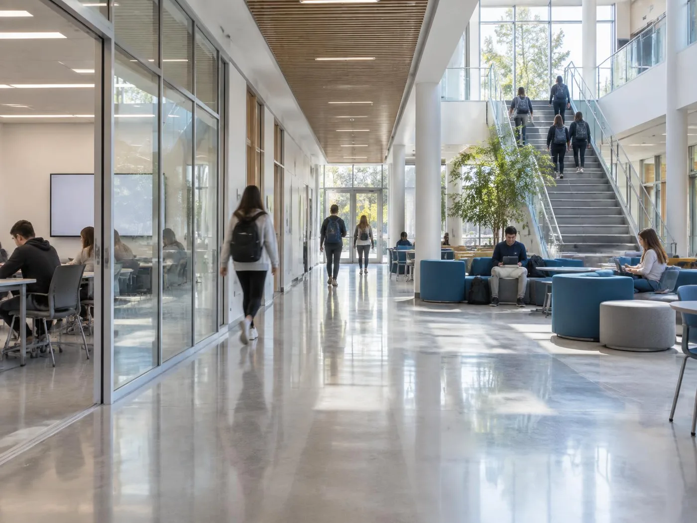 Modern educational campus corridor and student commons