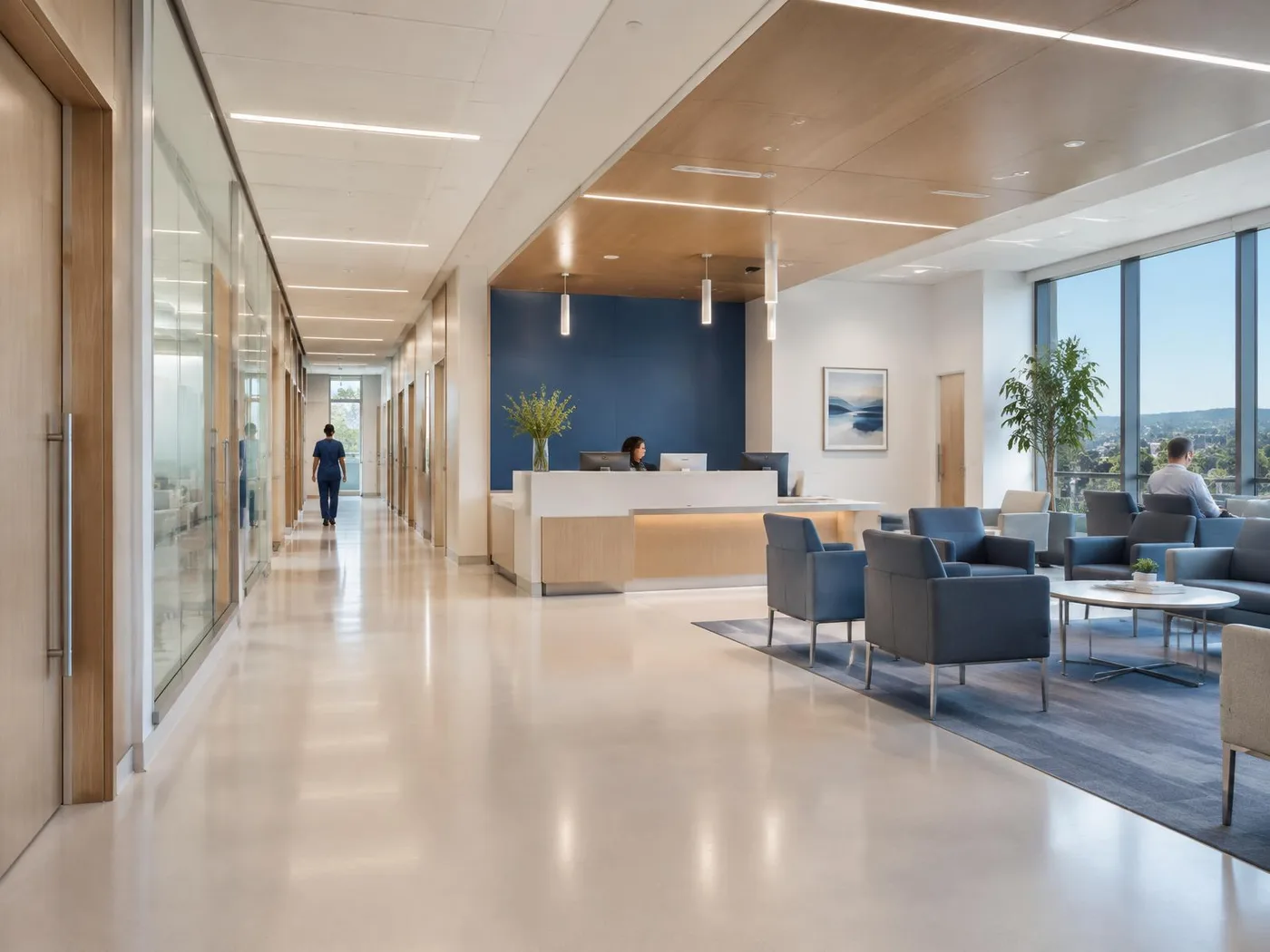 Modern medical clinic reception and patient corridor