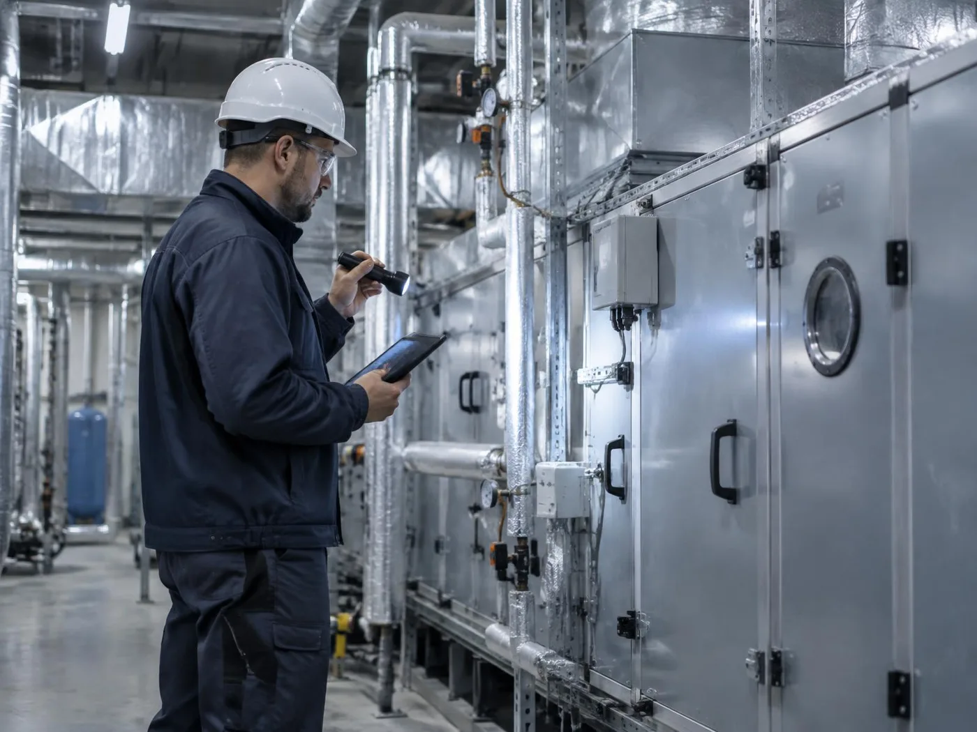 Maintenance professional performing a preventive inspection of commercial HVAC equipment